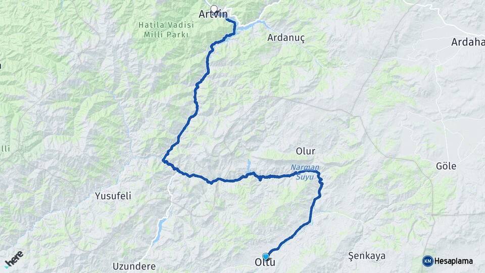 Erzurum Oltu Artvin Arası Kaç Km - Yol Haritası