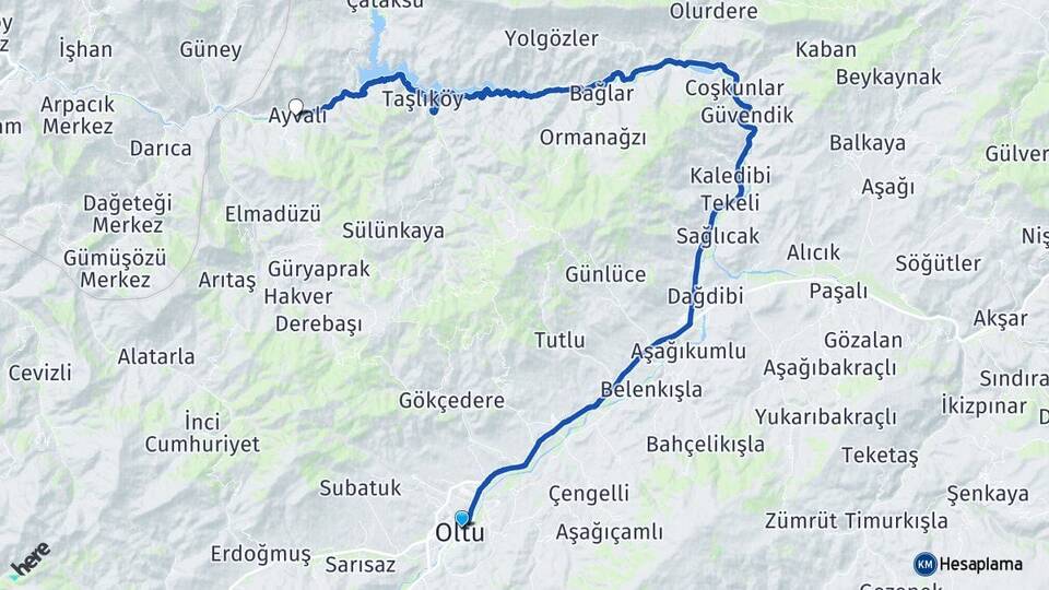 Erzurum Oltu Ayvalı Oltu Arası Kaç Km - Yol Haritası