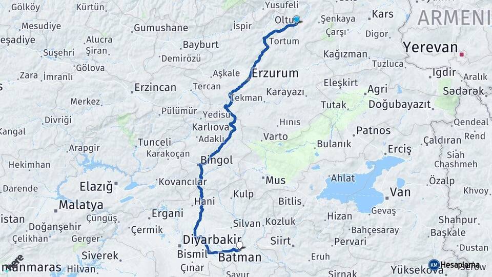 Erzurum Oltu Batman Arası Kaç Km - Yol Haritası