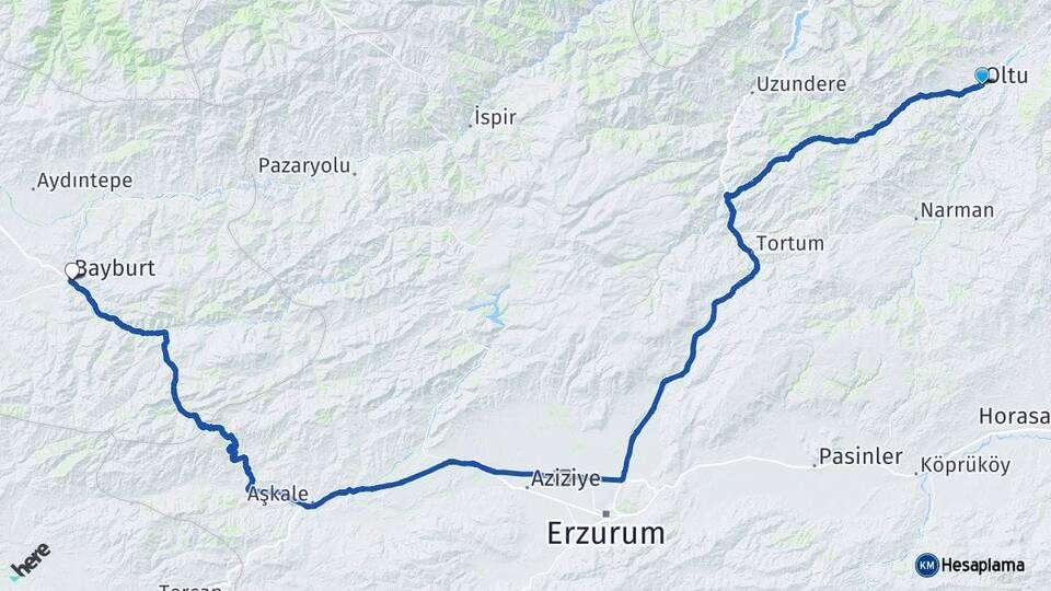 Erzurum Oltu Bayburt Arası Kaç Km - Yol Haritası