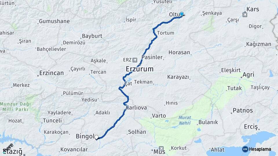 Erzurum Oltu Bingöl Arası Kaç Km - Yol Haritası
