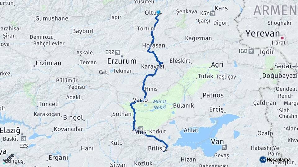 Erzurum Oltu Bitlis Arası Kaç Km - Yol Haritası