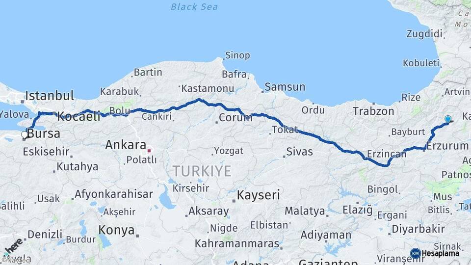 Erzurum Oltu Bursa Arası Kaç Km - Yol Haritası