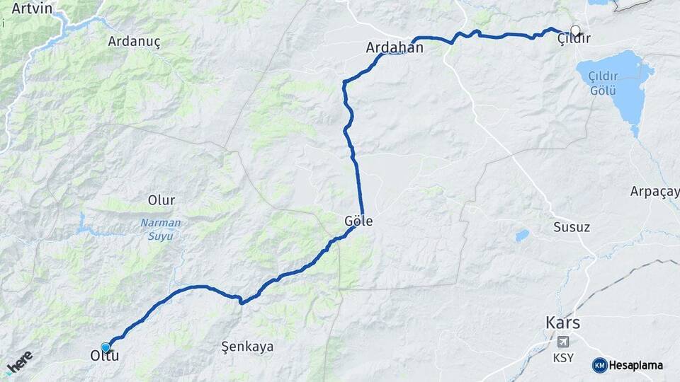 Erzurum Oltu Çıldır Ardahan Arası Kaç Km - Yol Haritası