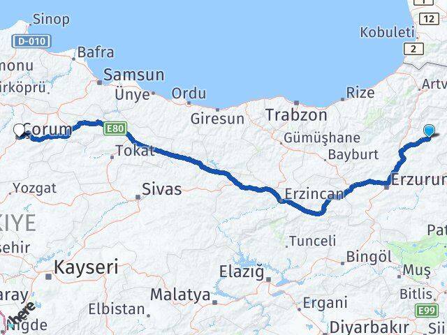 Erzurum Oltu Çorum Arası Kaç Km - Yol Haritası