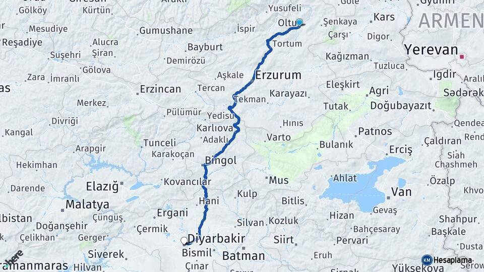 Erzurum Oltu Diyarbakır Arası Kaç Km - Yol Haritası