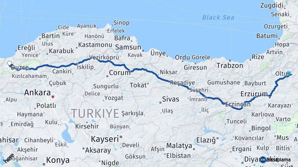 Erzurum Oltu Düzce Arası Kaç Km - Yol Haritası