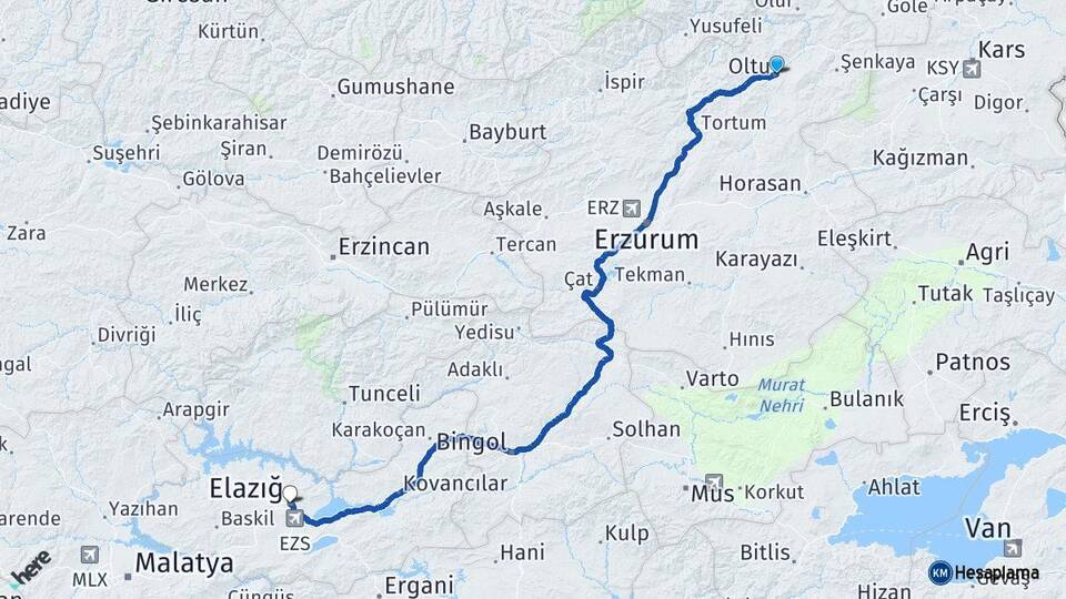 Erzurum Oltu Elazığ Arası Kaç Km - Yol Haritası