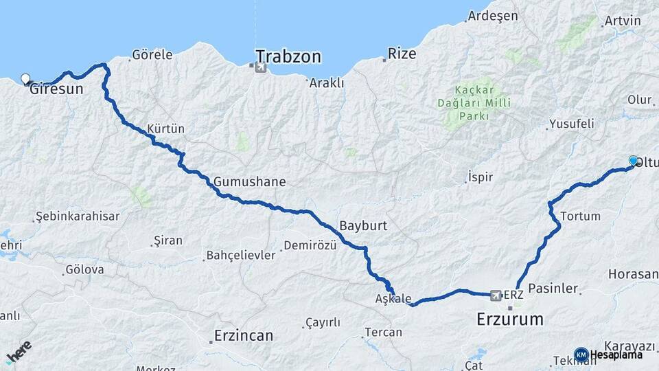 Erzurum Oltu Giresun Arası Kaç Km - Yol Haritası