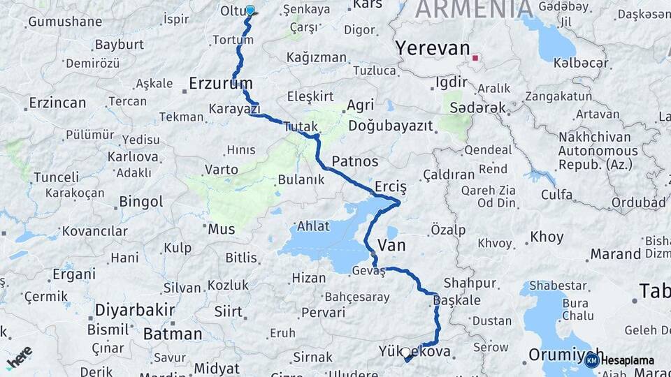 Erzurum Oltu Hakkari Arası Kaç Km - Yol Haritası