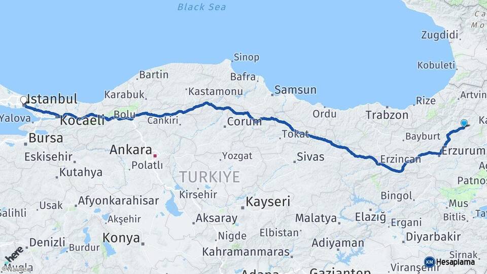 Erzurum Oltu İstanbul Arası Kaç Km - Yol Haritası