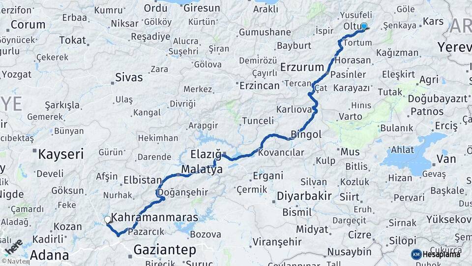 Erzurum Oltu Kahramanmaraş Arası Kaç Km - Yol Haritası
