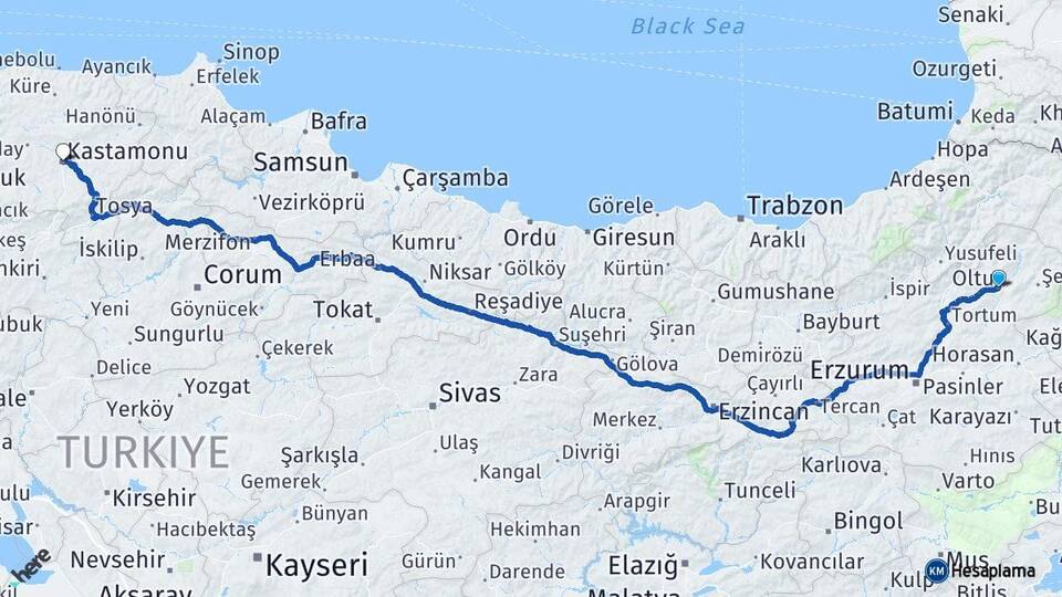Erzurum Oltu Kastamonu Arası Kaç Km - Yol Haritası