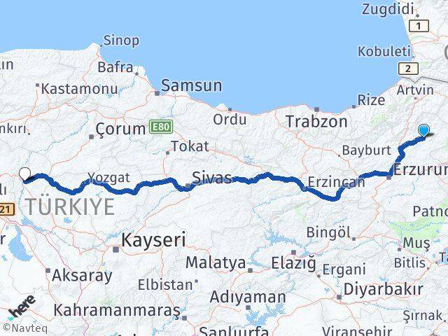 Erzurum Oltu Kırıkkale Arası Kaç Km - Yol Haritası