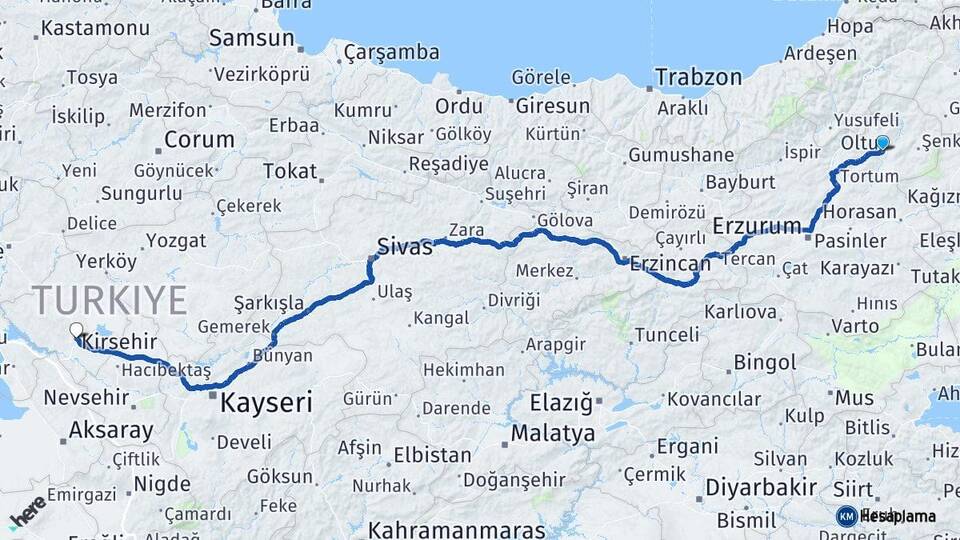 Erzurum Oltu Kırşehir Arası Kaç Km - Yol Haritası