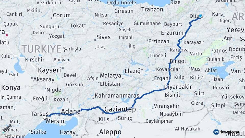 Erzurum Oltu Mersin Arası Kaç Km - Yol Haritası