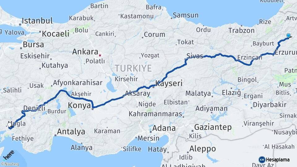 Erzurum Oltu Muğla Arası Kaç Km - Yol Haritası
