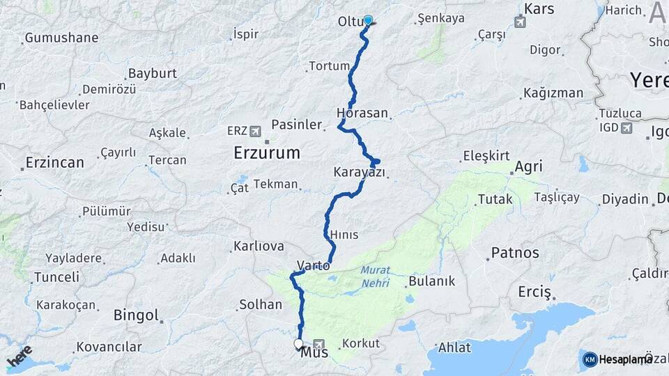 Erzurum Oltu Muş Arası Kaç Km - Yol Haritası