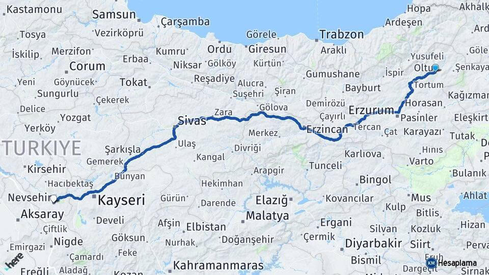 Erzurum Oltu Nevşehir Arası Kaç Km - Yol Haritası