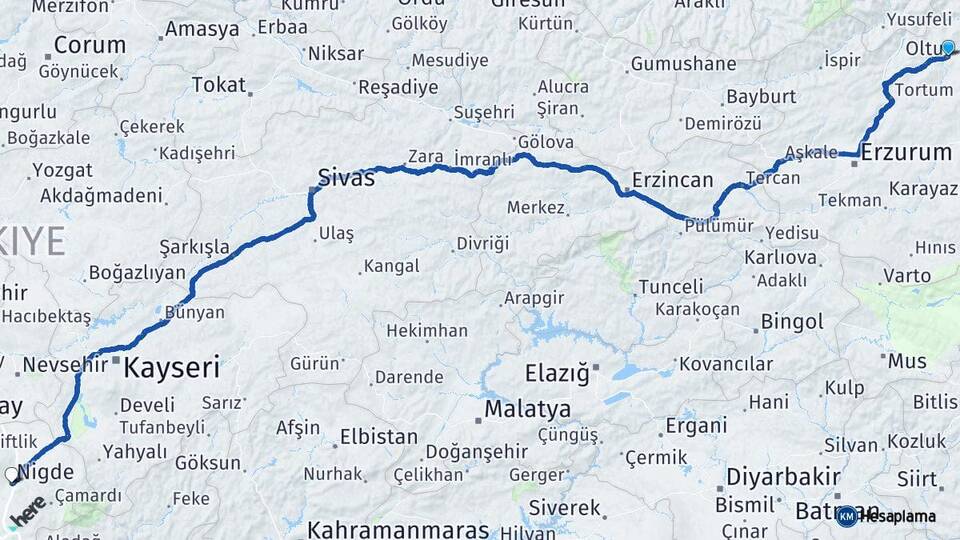 Erzurum Oltu Niğde Arası Kaç Km - Yol Haritası