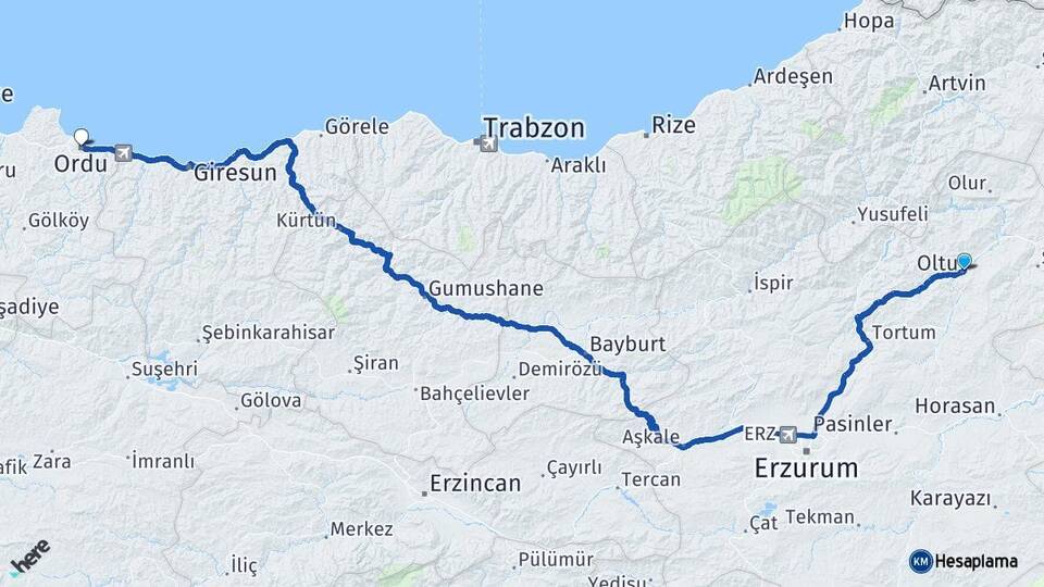 Erzurum Oltu Ordu Arası Kaç Km - Yol Haritası