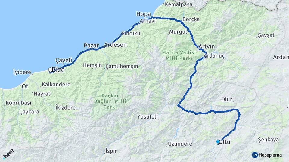 Erzurum Oltu Rize Arası Kaç Km - Yol Haritası