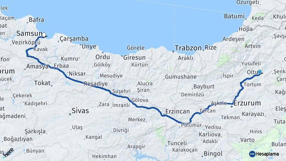 Erzurum Oltu Samsun Arası Kaç Km - Yol Haritası