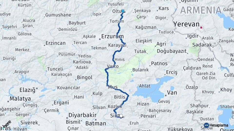 Erzurum Oltu Siirt Arası Kaç Km - Yol Haritası
