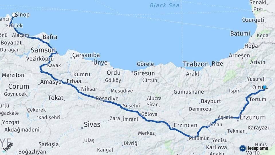 Erzurum Oltu Sinop Arası Kaç Km - Yol Haritası
