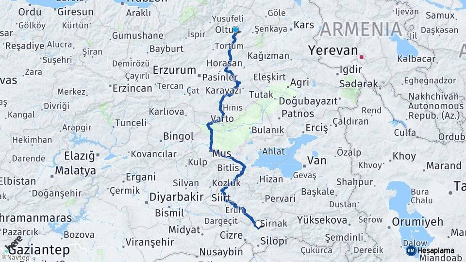 Erzurum Oltu Şırnak Arası Kaç Km - Yol Haritası