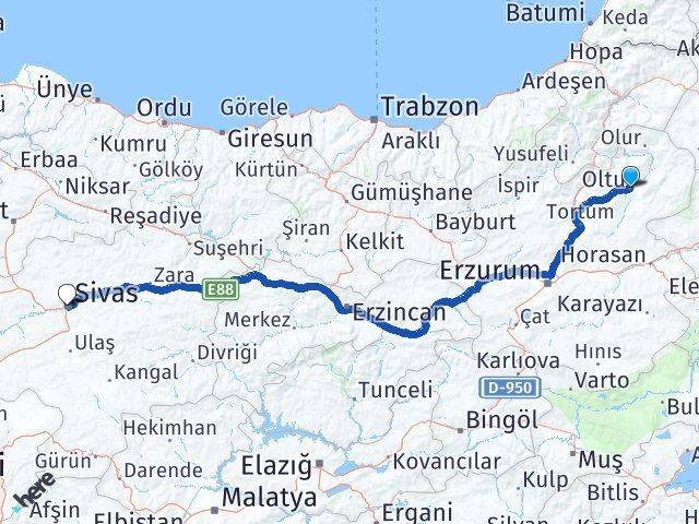 Erzurum Oltu Sivas Arası Kaç Km - Yol Haritası