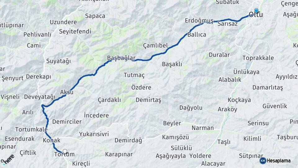 Erzurum Oltu Tortum Arası Kaç Km - Yol Haritası