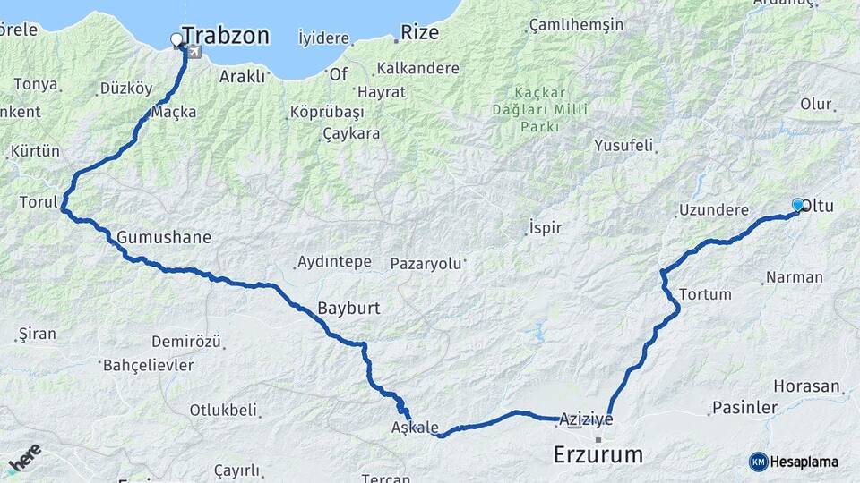 Erzurum Oltu Trabzon Arası Kaç Km - Yol Haritası
