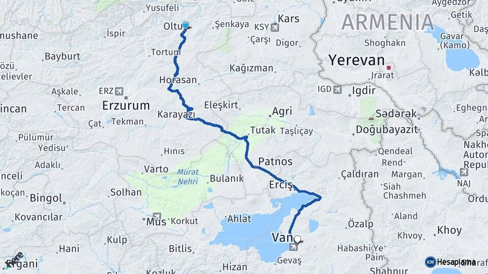 Erzurum Oltu Van Arası Kaç Km - Yol Haritası