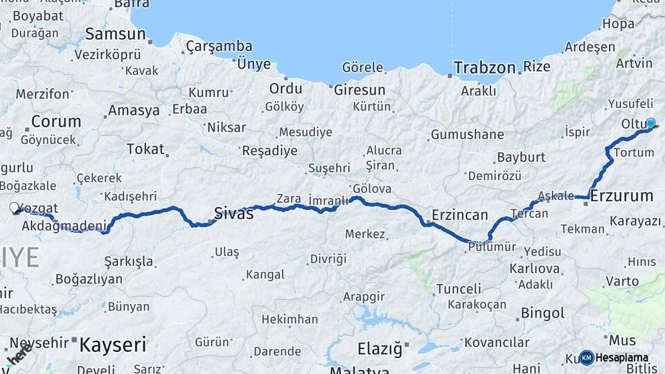 Erzurum Oltu Yozgat Arası Kaç Km - Yol Haritası