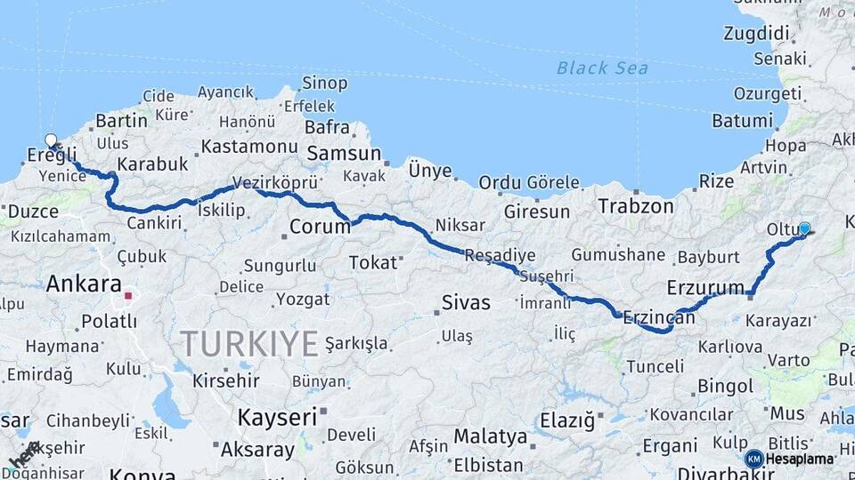 Erzurum Oltu Zonguldak Arası Kaç Km - Yol Haritası