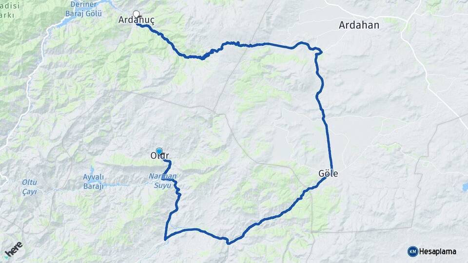 Erzurum Olur Ardanuç Artvin Arası Kaç Km - Yol Haritası