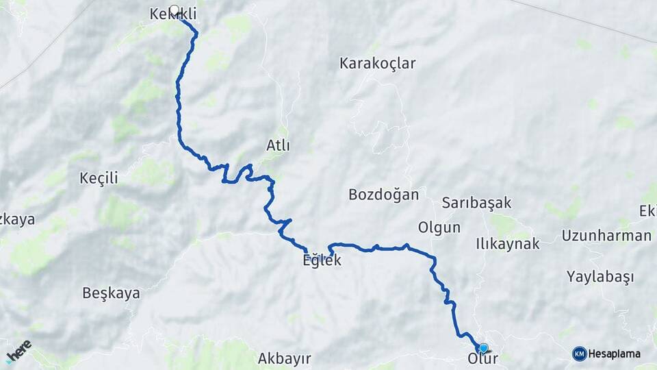 Erzurum Olur Kekikli Olur Arası Kaç Km - Yol Haritası