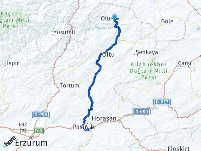 Erzurum Olur Köprüköy Arası Kaç Km - Yol Haritası
