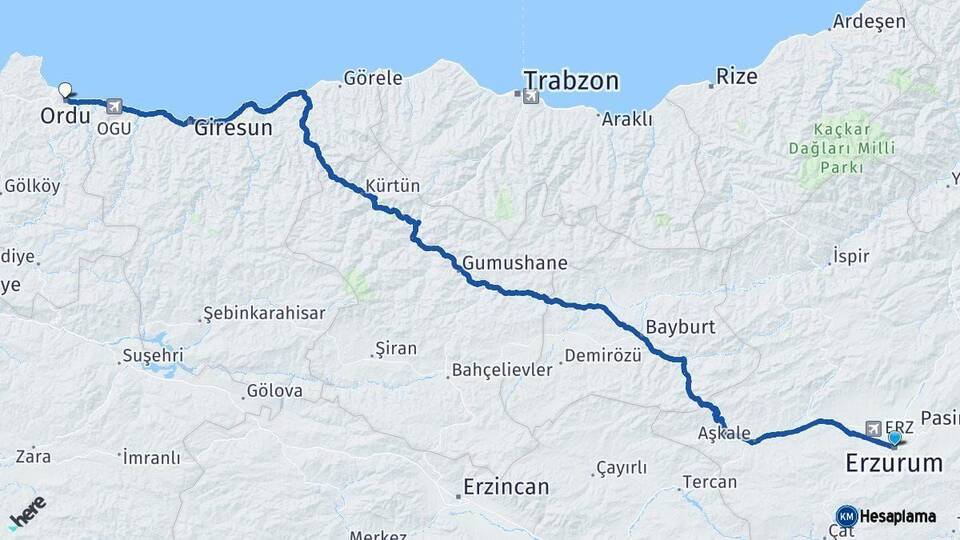 Erzurum Ordu Arası Kaç Km - Yol Haritası