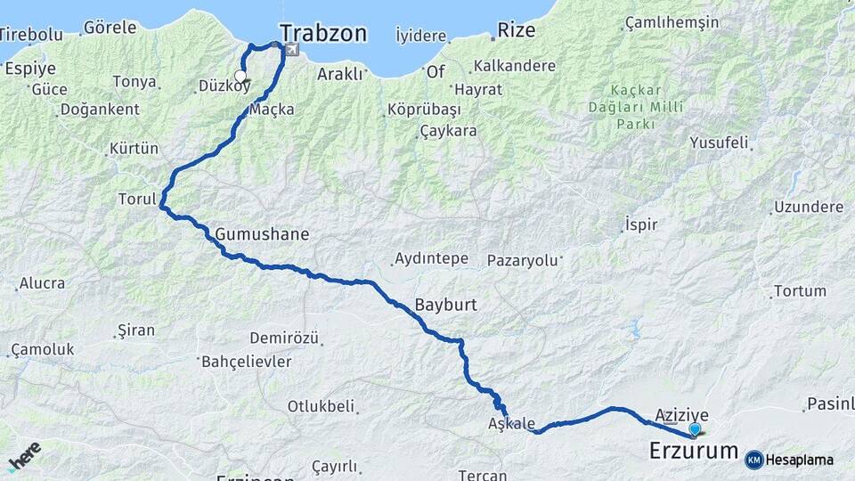 Erzurum Ortahisar Trabzon Arası Kaç Km - Yol Haritası