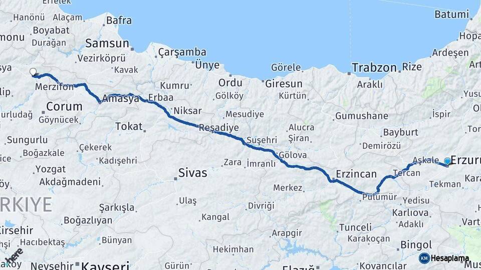 Erzurum Osmancık Çorum Arası Kaç Km - Yol Haritası