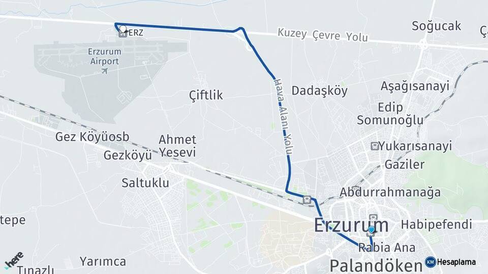 Erzurum Otogarı Erzurum Havalimanı Arası Kaç Km - Yol Tarifi