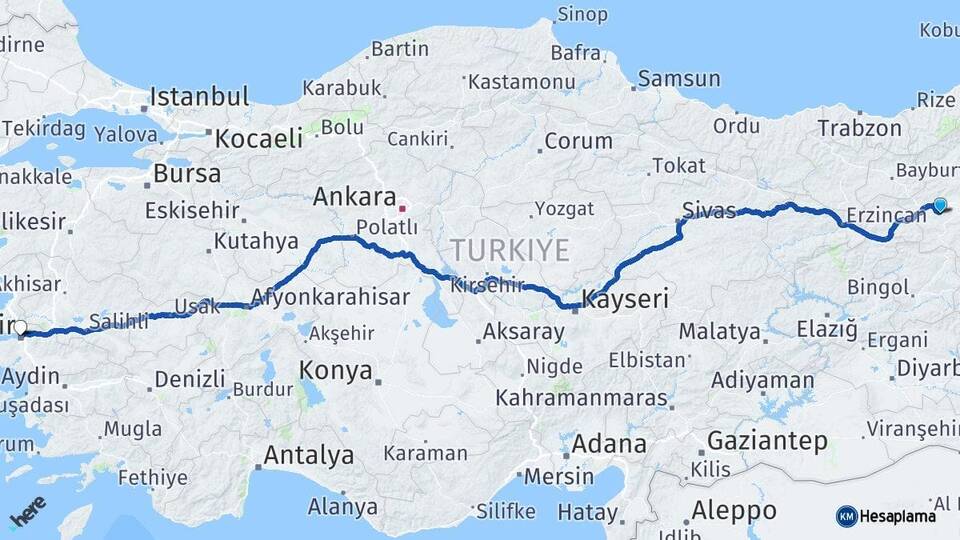 Erzurum Palandöken İzmir Arası Kaç Km - Yol Haritası