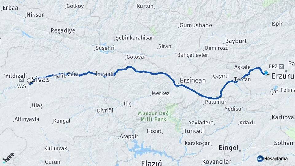 Erzurum Palandöken Sivas Arası Kaç Km - Yol Haritası