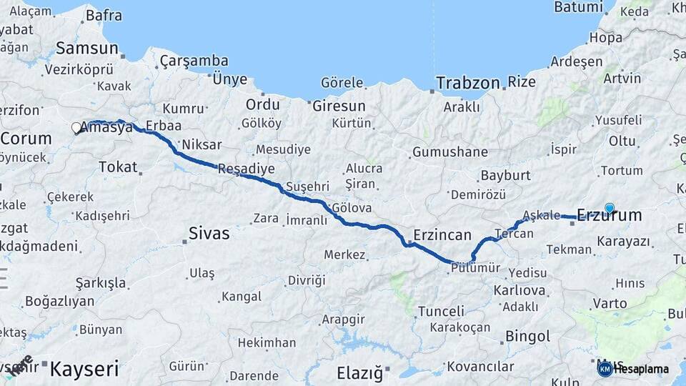 Erzurum Pasinler Amasya Arası Kaç Km - Yol Haritası