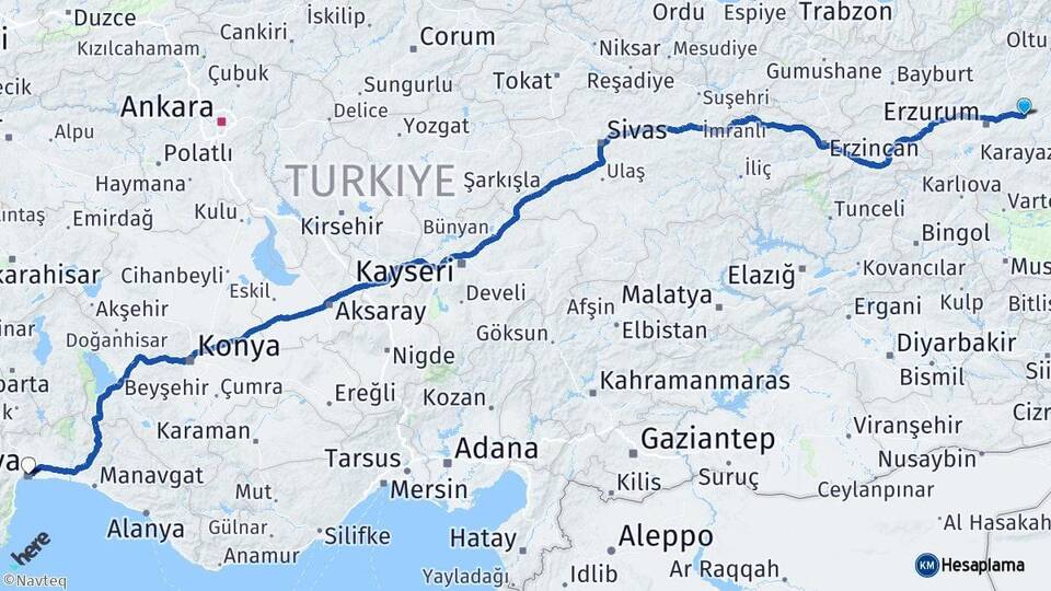 Erzurum Pasinler Antalya Arası Kaç Km - Yol Haritası