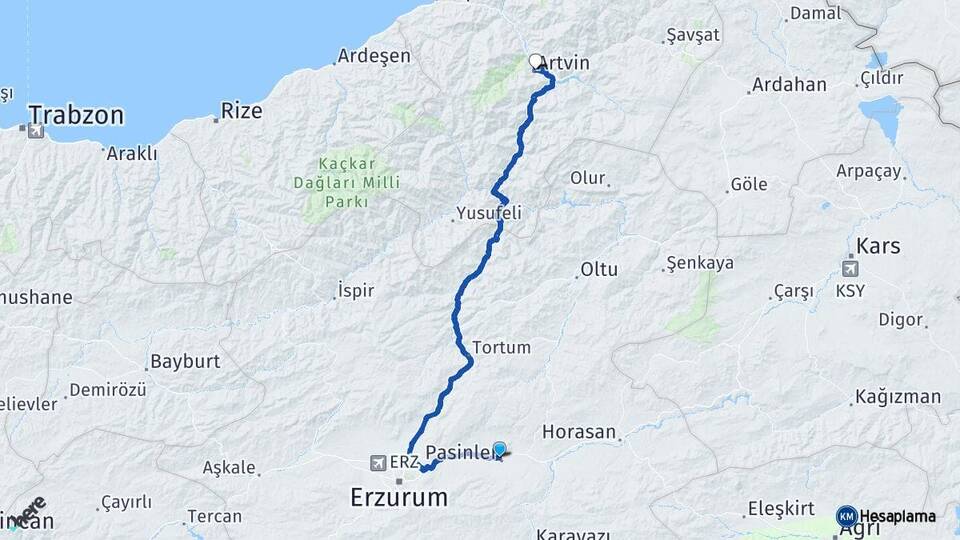 Erzurum Pasinler Artvin Arası Kaç Km - Yol Haritası