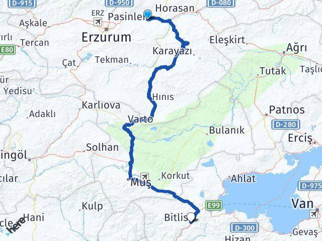 Erzurum Pasinler Bitlis Arası Kaç Km - Yol Haritası