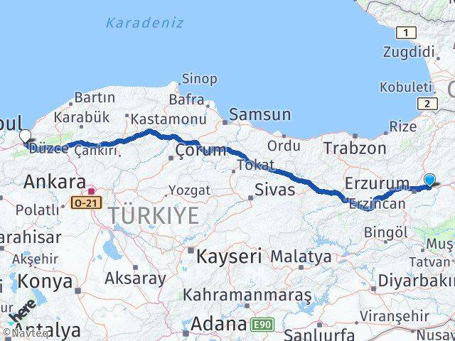 Erzurum Pasinler Düzce Arası Kaç Km - Yol Haritası